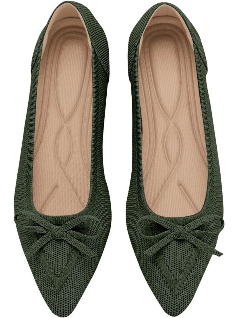 Women's Green Rubber Knit Pointed Toe Ballet Flats Bow Slip On Comfortable Shoes